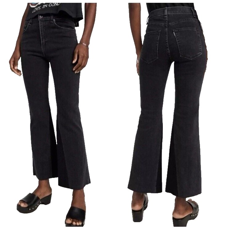 Askk Ny Jeans Womens Stone Black Two Tone Flare Leg Raw Hem High Rise 28 X 28